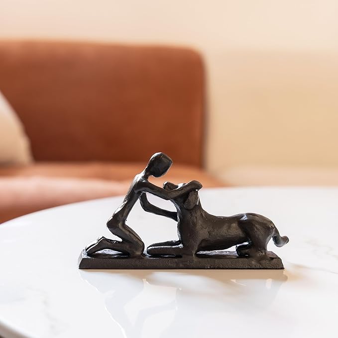 Boy and Dog Statue, Love of Dog Sculpture, Gifts for Dog Lovers, Dog Memorial Gifts for Man and Boy, Cast Iron, Black-VerdiqueGarden