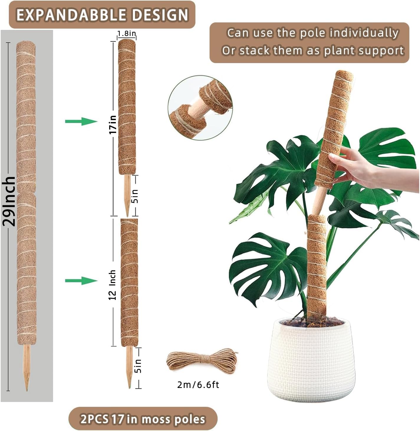 Moss Pole, 2 Pack 17 Inch Monstera Plant Support for Climbing Plants Accessories Indoor, Stackable Moss Poles Plant Support Stakes, Coir Plant Pole Sticks for Potted Plants, Pothos, Philodendron-VerdiqueGarden
