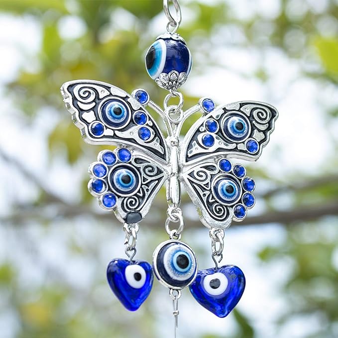 Turkish Blue Evil Eye Butterfly Wall Hanging with Crystal Suncatcher Ornament for Home Decor Protection Good Luck Blessing Housewarming Birthday Gift-VerdiqueGarden