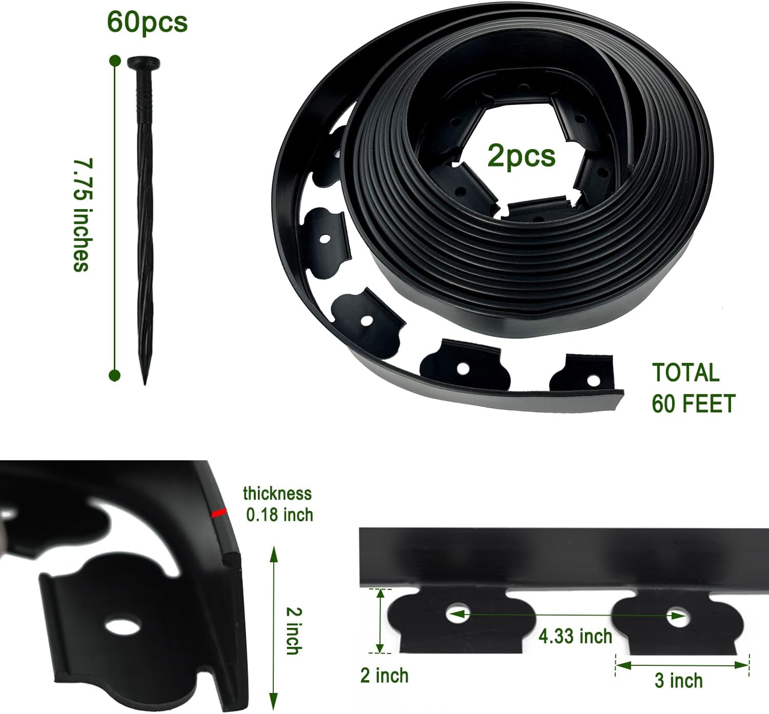 Hugeleaf Landscape Edging 2 Inch Tall 60 Feet Garden Edging Border with 60pcs Stakes, Plastic Edging for Landscaping,Lawn,Flower Beds, Paver Edging (Black)-VerdiqueGarden