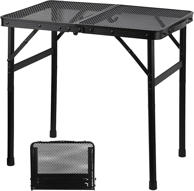 Camping Table with Mesh Desktop, Lightweight & Portable Small Folding Grill Table, Height Adjustable Metal Outdoor Table for Camp, Cooking, BBQ, RV, Picnic-2 FT Black-VerdiqueGarden
