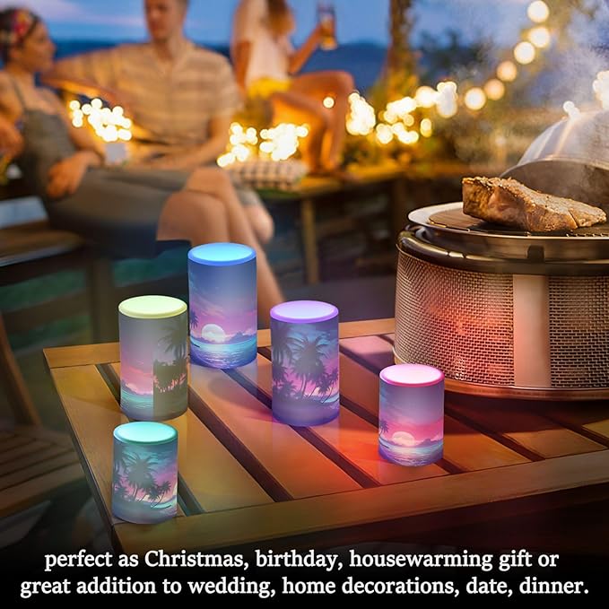 Flickering Flameless Candles, Palm Tree Beach Tropical LED Candles with Remote Timer, Set of 2 Battery Operated Candle for Valentine Wedding Birthday-VerdiqueGarden