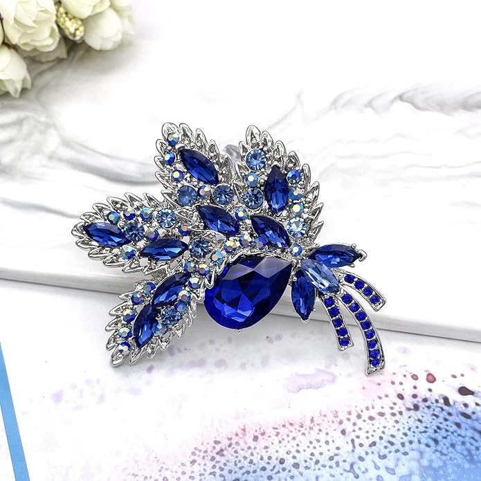 YOQUCOL Big Large Brooch Pin Austrian Crystal Leaf Shape Bouquet Rhinestone Scarf Decoration Wreath Cloth Brooches Pins For Women Girls
