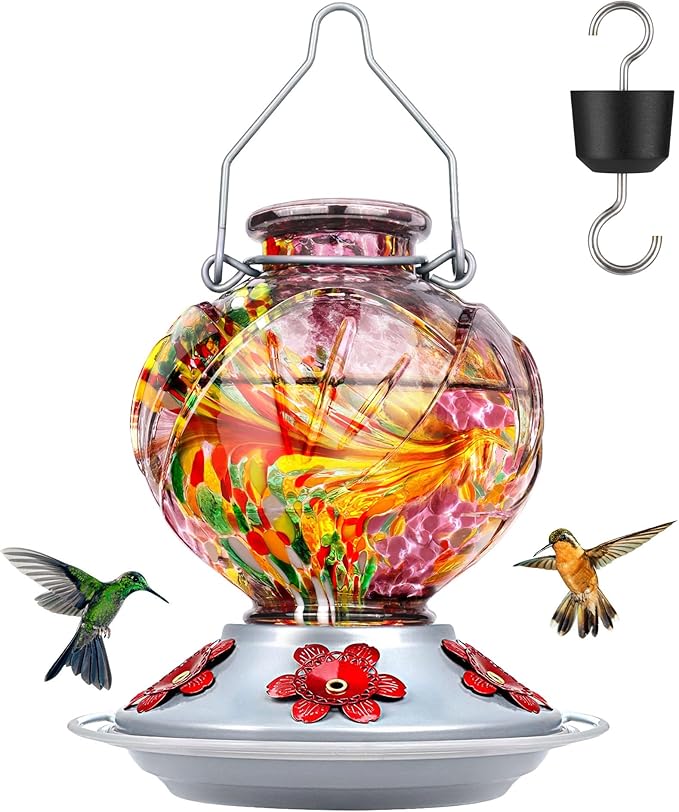 BOLITE Hummingbird Feeder, Hand Blown Glass Hummingbird Feeders for Outdoors Hanging, with Ant Moat and 5 Feeding Ports, 22 Ounces, Peony Flower Shape, Purple, Gifts for Women Men, Gifts for Mom Dad-VerdiqueGarden