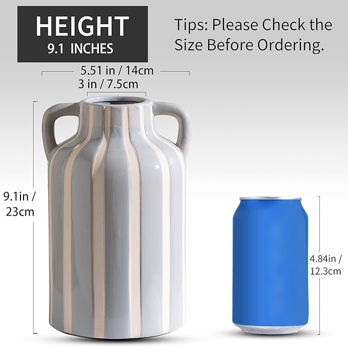 Ceramic Grey and White Checkered Stripes Vase with Handles, Hand-Painted Modern Minimalist Bohemian Floral Vases Home Decor, Cottage Core Decor, Flower Vase for Bouquet Mantle Kitchen Bookshelf 9.1 In-VerdiqueGarden