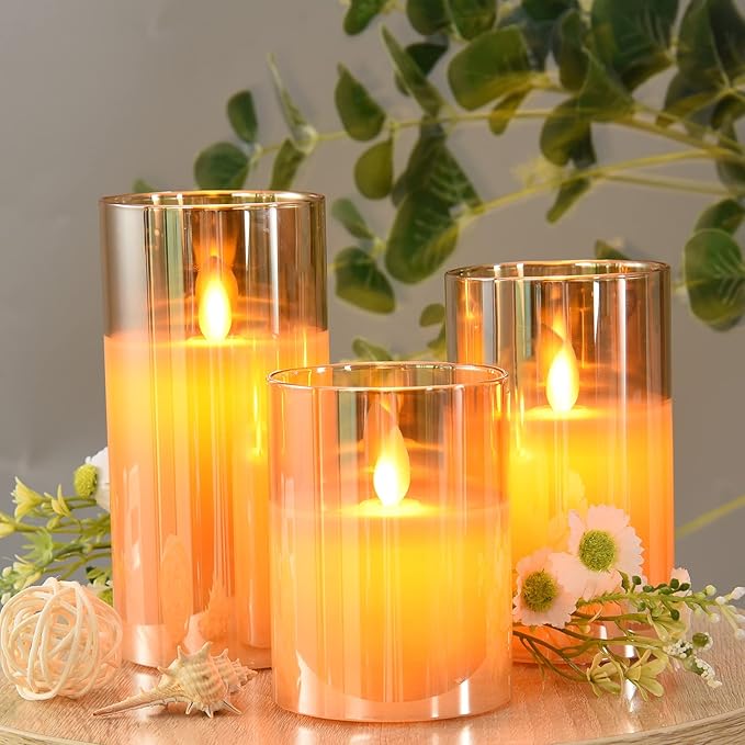 JOSU Flameless Candles 4" 5" 6" Set of 3 Outdoor Indoor Fake Pillars Gold Glass LED Battery Operated Candles Include 10-Key Remote Timer for Wedding Party Halloween Christmas Thanksgiving Fall Diwali-VerdiqueGarden
