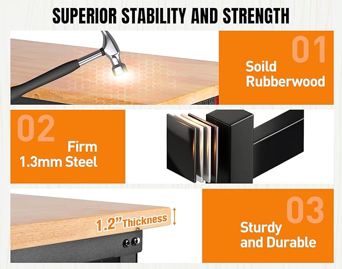 84” Adjustable Height Workbench, 5000 LBS Heavy Duty Table Rubber Wood Workstation with Power Outlet & Pegboard for Garage, Office, Workshop, Home,Commercial-VerdiqueGarden