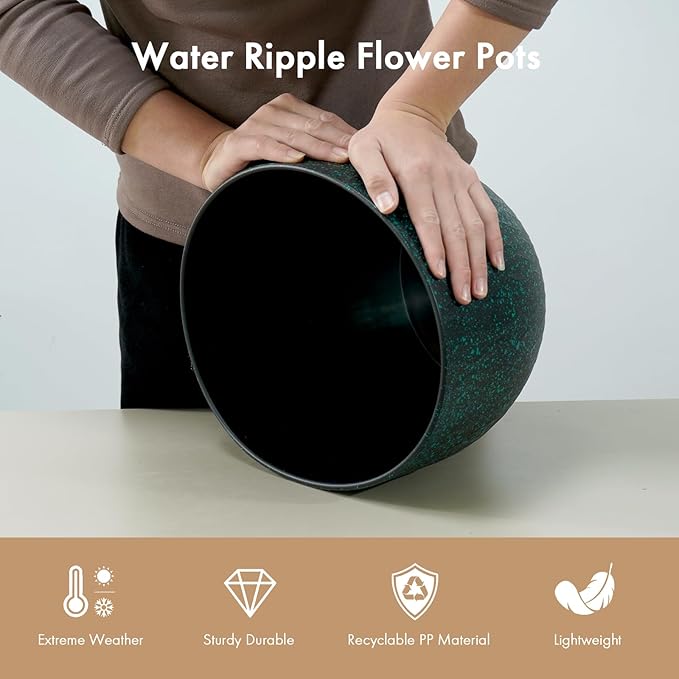 12 Inch Wide Water Ripples Flower Pots for Indoor or Outdoor Plants, Large Plant Pots with Drainage Holes & Saucer, Plastic Planters Set for Garden & Home Decor (Black with Green Speckles)-VerdiqueGarden
