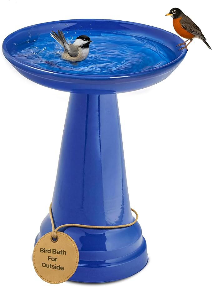 Birds Choice Ohio Stoneware Bird Bath | Pedestal Bird Bath, Stable Locking Top | Weather-Resistant Ceramic Clay, Glazed Finish | Outdoor Garden & Patio Decor | 22" H x 17" D, Summer Blue-VerdiqueGarden