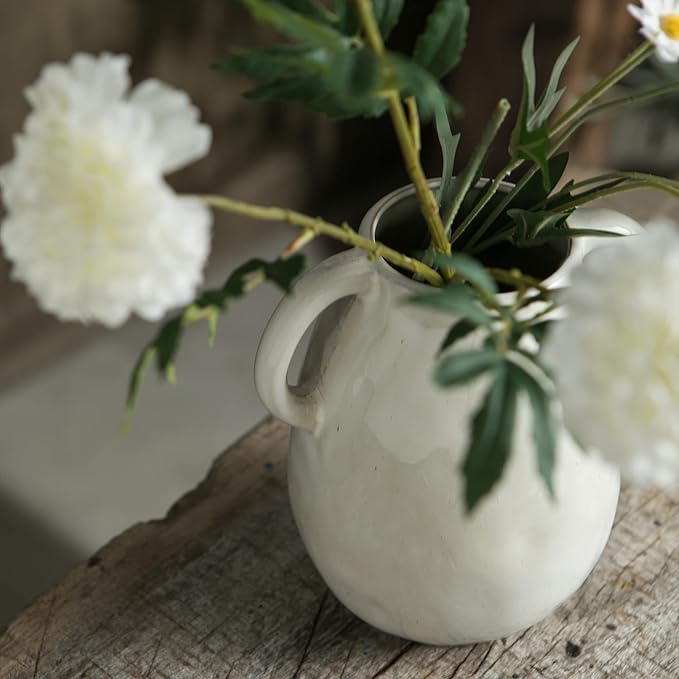 White Ceramic Vase with 2 Handles, Modern Farmhouse Decor, Rustic Terracotta Pottery, Decorative Flower Vases, Clay Small Vase, Centerpiece for Dining Table - 7 Inch Tall-VerdiqueGarden