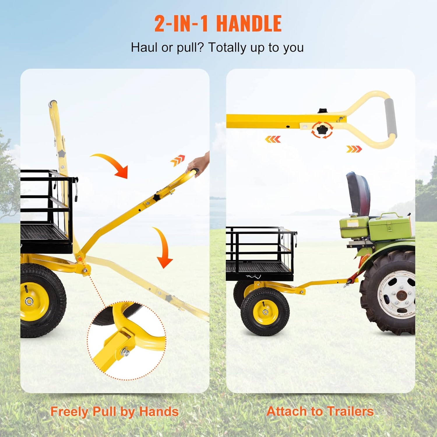 VEVOR Steel Garden Cart, Heavy Duty 1200 lbs Capacity, with Removable Mesh Sides to Convert into Flatbed, Utility Metal Wagon with 2-in-1 Handle and 13 in Tires, Perfect for Garden, Farm, Yard-VerdiqueGarden