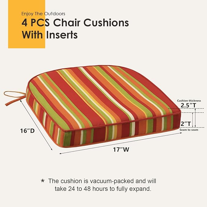 Outdoor Round Corner Seat Cushion, 17"x16"x2", Set of 4, Non Slip Seat Cushion Pads with Removable Cover for Patio Furniture, Garden Yard Lawn, Rainbow Stripe-VerdiqueGarden