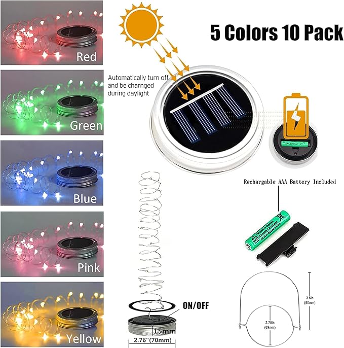 10 Pack 30 LED Solar Mason Jar Lid String Lights,Fairy Lights String Lids Lights Including 10 Pcs Hangers,for Indoor Outdoor Wedding Patio Garden Party Decorations Gift(No Jars) (5 Colors)-VerdiqueGarden