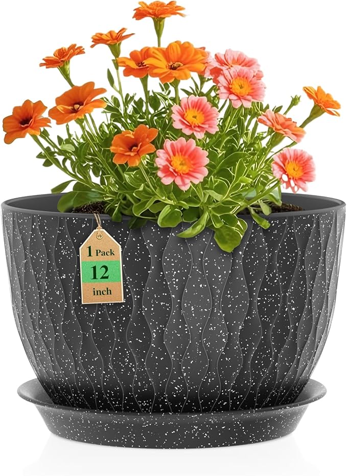 12 Inch Wide Water Ripples Flower Pots for Indoor or Outdoor Plants, Large Plant Pots with Drainage Holes & Saucer, Plastic Planters Set for Garden & Home Decor (Black with White Speckles)-VerdiqueGarden