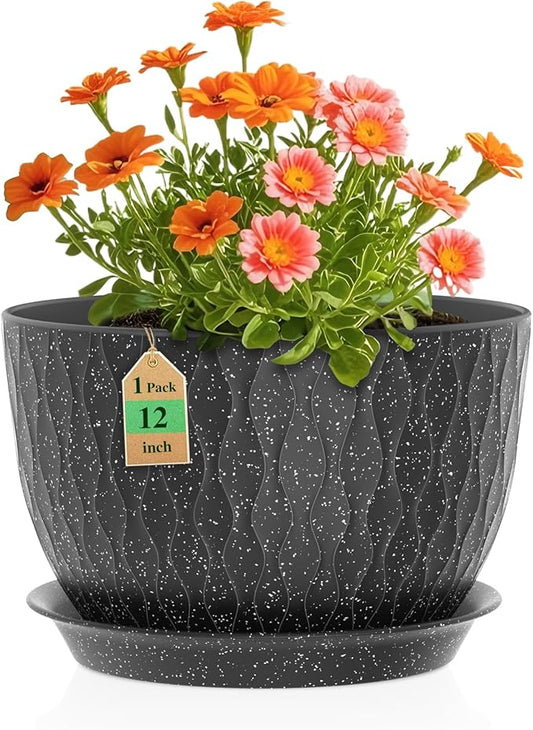 12 Inch Wide Water Ripples Flower Pots for Indoor or Outdoor Plants, Large Plant Pots with Drainage Holes & Saucer, Plastic Planters Set for Garden & Home Decor (Black with White Speckles)-VerdiqueGarden