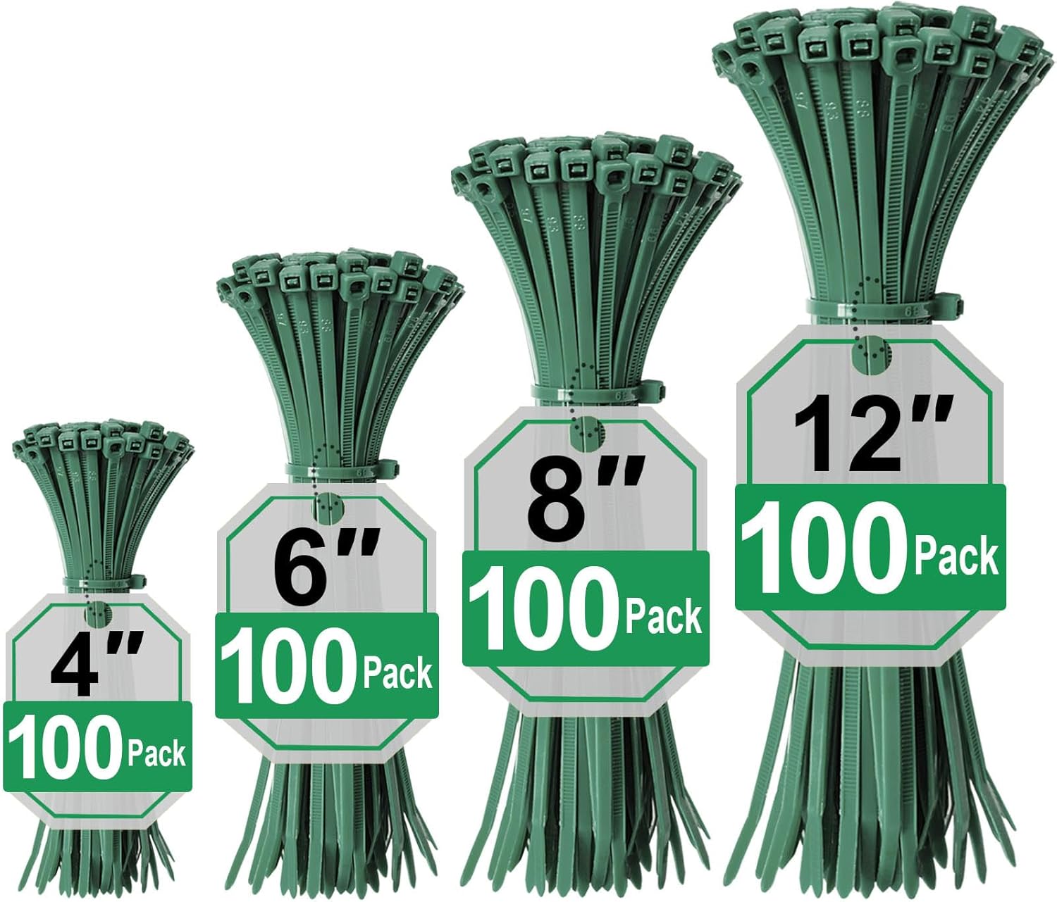 Green Zip Ties Assorted Sizes (4"+6"+8"+12"), 400 Pack, Cable Ties UV Resistant for Garden, Plants, Fence, Holiday Lights, Yakobela-VerdiqueGarden