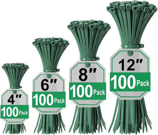 Green Zip Ties Assorted Sizes (4"+6"+8"+12"), 400 Pack, Cable Ties UV Resistant for Garden, Plants, Fence, Holiday Lights, Yakobela-VerdiqueGarden