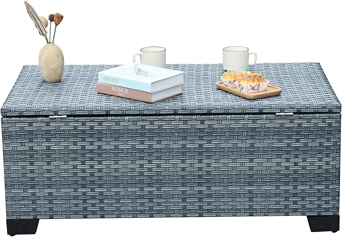 Outdoor Storage Table Wicker Patio Coffee Table All-Weather Rattan Side Table with Waterproof Cover, Grey-VerdiqueGarden