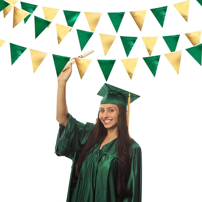 Green Gold Party Decorations Metallic Fabric Triangle Pennant Banner Flag Bunting Garland for Graduations Birthday Retirement Wedding Baby Shower Spring Summer Master Golf Theme Outdoor Party Supplies-VerdiqueGarden