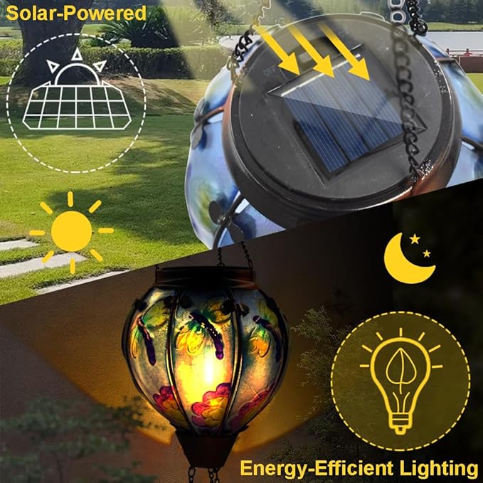 Hot Air Balloon Solar Lantern with Flickering Flame, Glass Hanging Garden Lights Outdoor Waterproof for Tree Yard Patio Mother's Day Gift, 18" H Dragonfly-VerdiqueGarden