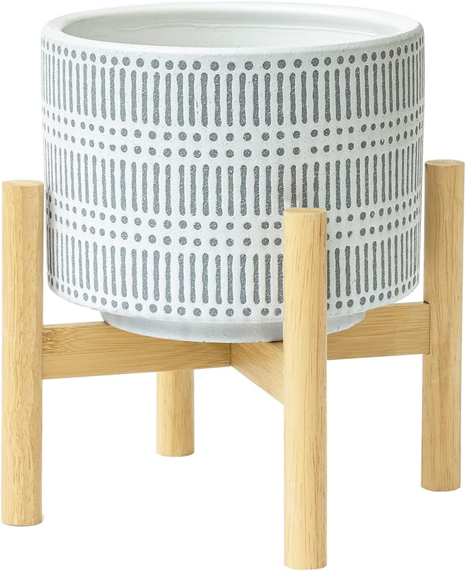 LA JOLIE MUSE Ceramic Plant Pot with Wood Stand - 7.3 Inch Modern Round Decorative Flower Pot Indoor with Wood Planter Holder, Slate Blue and White-VerdiqueGarden