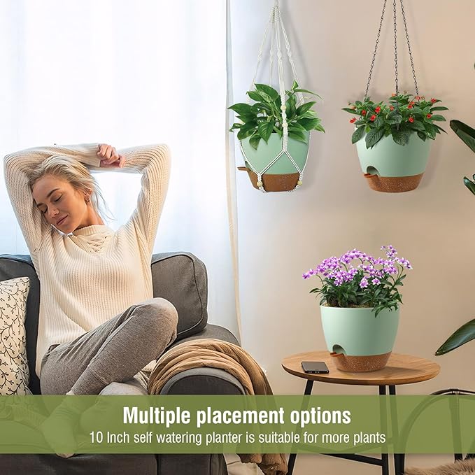 10 inch Self Watering Hanging Planters for Indoor Plants, 2 Pack Hanging Baskets for Outdoor Plants, Hanging Flower Pots with Drainage Holes & 2 Kinds of Plant Hangers for Home Decor, Green-VerdiqueGarden