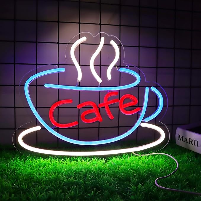 Cafe Neon Sign for Coffee Bar Pub Decor,Blue Wall Art Decoration For Restaurant Living room,Led Light of Cafe,USB Power Supply With Metal Chain.-VerdiqueGarden