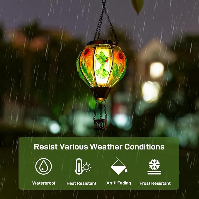 Hummingbird and Sunflower Solar Hot Air Balloon Lantern with Flame, Glass Hot Air Balloon Solar Lantern Outdoor Waterproof, Hanging Solar Lantern for Outside Garden Patio Tree Porch Yard-VerdiqueGarden