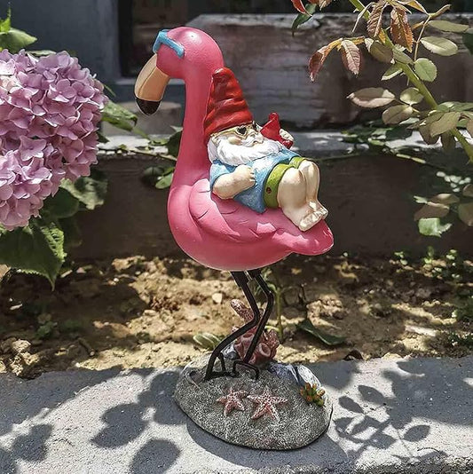Gnome Garden Statue Funny Gnome Reclining on Flamingo Figurines, Resin Garden Gnomes Fall Decorations Outdoor for Patio Yard Lawn Porch, Ornament Gift-VerdiqueGarden