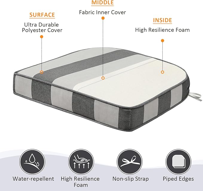 Round Corner Seat Cushions, 17" x 16" x 2", Set of 4, Indoor Outdoor Water Repellent Universal Chair Pads with Ties for Patio Furniture, Garden Deck Dining Chairs, Gray Stripe-VerdiqueGarden