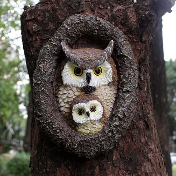 Owl Tree Hugger Whimsical Tree Sculpture Garden Statues Outdoor Tree Face Decor Garden Peeker Yard Art Decorations (Mom and Baby Owl)-VerdiqueGarden