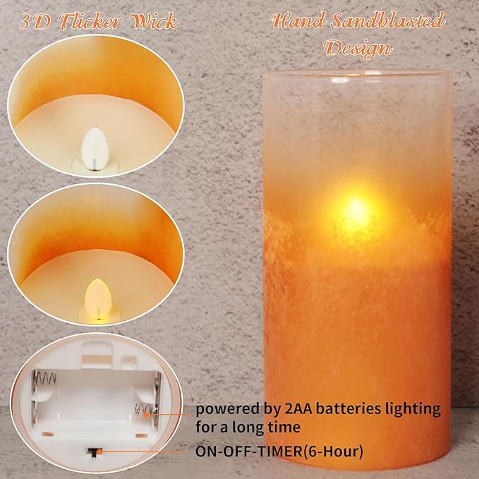 Orange Flameless Candles - Battery Operated Candles with Remote Orange Glass Sandblasted Design Wax Unscented - Centerpieces for Dinner Table Tray House Warming Thanksgiving Gifts-VerdiqueGarden