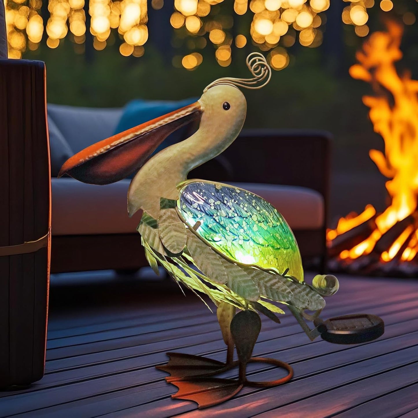 HONGLAND Solar Metal Pelican Statues Garden Sculpture & Statues, 17 Inch Glass Outdoor Pelican Yard Art Coastal Ocean Bird Decor Lawn Ornament for Backyard Porch Patio Decor（Blue-Green）-VerdiqueGarden