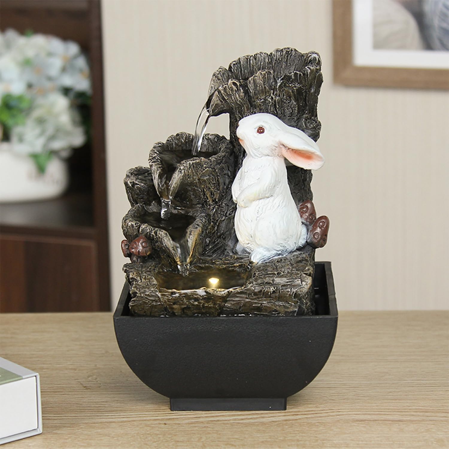 Small Cascading Rock Tabletop Fountain, Cute Little White Rabbit Indoor Waterfall Fountain with Colored LED Lights and Rolling Ball, 3 Tiered Desktop Fountain for Office Home Bedroom-VerdiqueGarden
