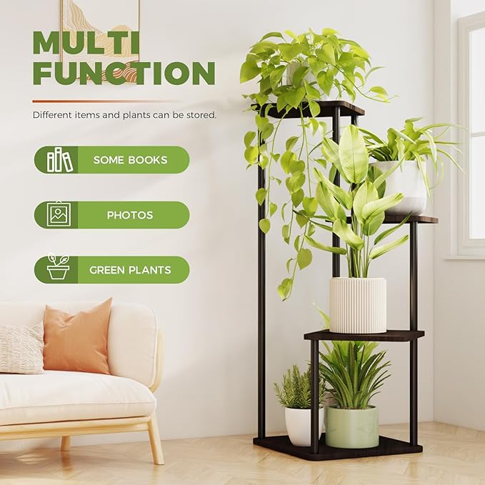 Bamworld 4 Tier Plant Stand Indoor, Small Metal Plant Shelf for Multiple Plants, Corner Flower Stand for Patio Garden Balcony Living Room Bedroom(Black)-VerdiqueGarden