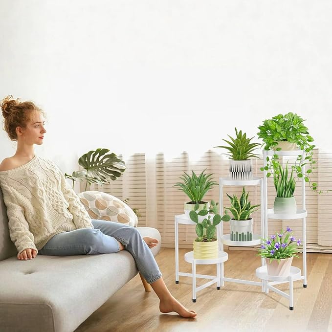 iDavosic.ly 7 Tier Large Plant Stand Indoor, 10 Inch Wide Tall Corner Metal Plant Stands Outdoor for Multiple Plants, Folding Tiered Flower Display Holder Rack Shelf, White-VerdiqueGarden