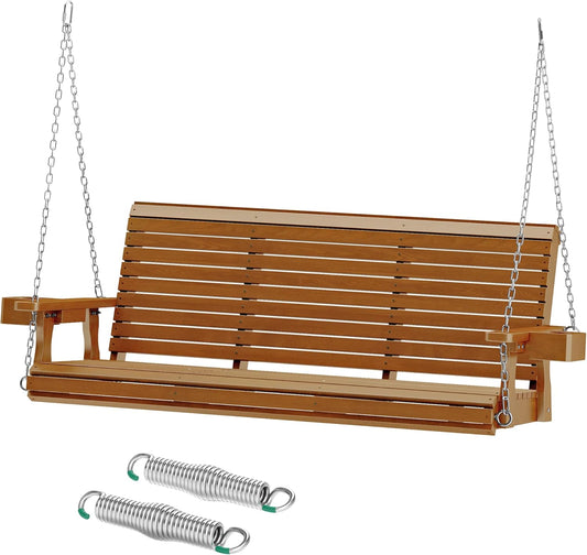 Wooden Outdoor Porch Swings, 3 Seater Front Porch Swing with Upgraded 22" Deep Seat, Heavy Duty 880 Lbs Swing Bench Chair for for Patio, Backyard, Garden (Teak Tone, 5 FT)-VerdiqueGarden