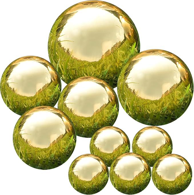 Nerien Gazing Ball, Stainless Steel Garden Mirror Globe, Polished Ornament Sphere, Hollow Floating Reflective Hemisphere, for Home Outdoor Pond Housewarming Swimming Pool Decoration, Gold, 10Pcs-VerdiqueGarden