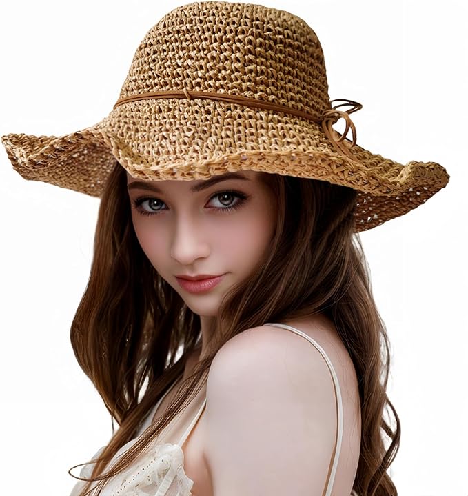 Womens Straw Beach Sun Hats, Foldable Packable Floppy Handmade Crochet Hats for Women,Large Summer Vacation Wide Brim Hat-VerdiqueGarden
