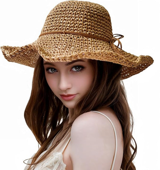 Womens Straw Beach Sun Hats, Foldable Packable Floppy Handmade Crochet Hats for Women,Large Summer Vacation Wide Brim Hat-VerdiqueGarden