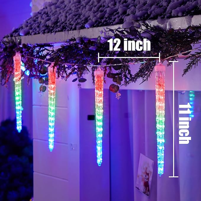 Icicle Lights Outdoor, 10 Ft Meteor Shower Lights with 10 Ice Shaped Tube, Snowfall Shooting Star Light Effect, Falling Crystal Christmas Decorations for House Eave Roofline Patio, Multicolor-VerdiqueGarden