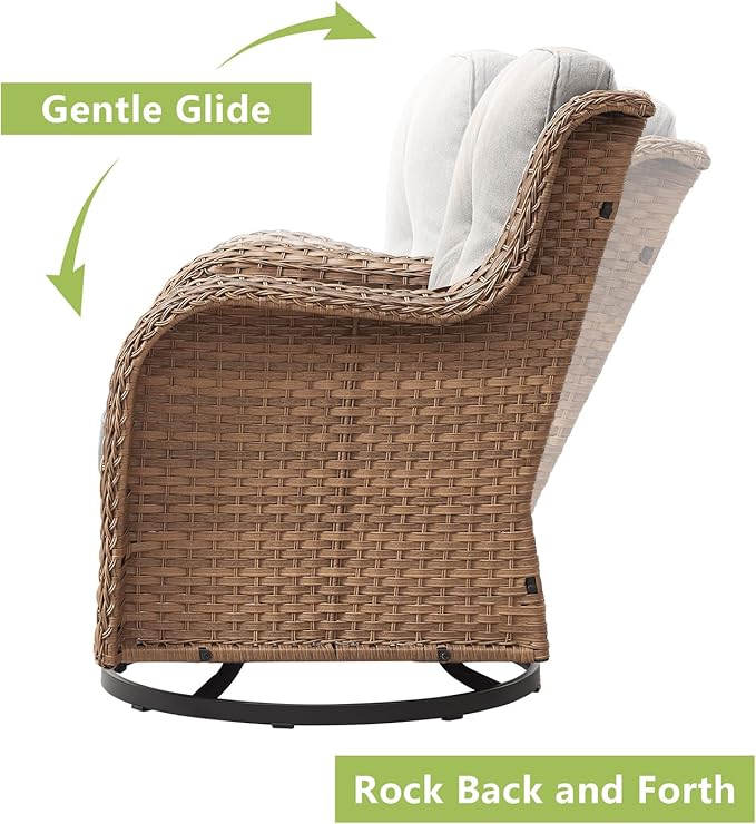 Outdoor Wicker Patio Furniture Set - 5 Piece Rattan Patio Conversation Set with 2 Rocking Swivel Chairs,2 Ottomans and 1 Sofa for Porch Deck Backyard Garden(Yellow/Beige)-VerdiqueGarden