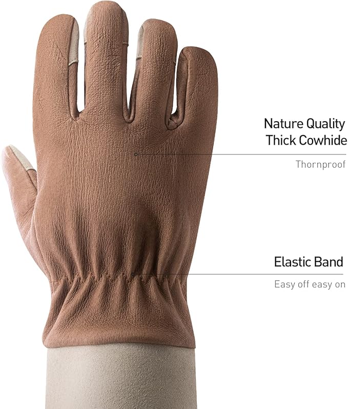 HANDLANDY Long Gardening Gloves for Men & Women, Thorn Proof Rose Pruning Gloves Leather Gauntlets Garden Glove Yard Work Glove (Small, Brown)-VerdiqueGarden