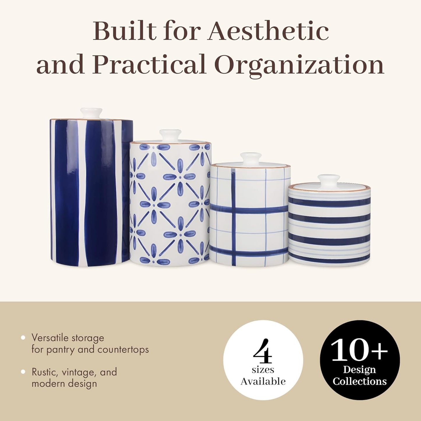 Young's Inc. 4 Pcs Set Cylindrical Ceramic Canisters- Storage Container for Kitchen and Bathroom - Beautiful Home Decor Accent to Store Food, Coffee, Tea, and More - White, Blue-VerdiqueGarden