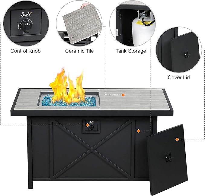 BALI OUTDOORS 42 inch 50,000 BTU Rectangular Propane Gas Fire Pit Table with Fire Glass and Table Lid, Fire Pits Outdoor for Garden, Patio, Backyard-VerdiqueGarden
