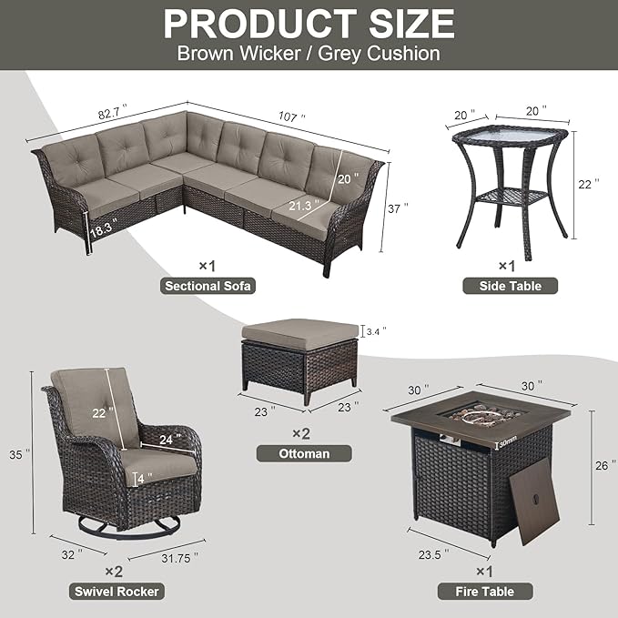 Outdoor Sectional Furniture Sofa Set with Propane Fire Pit Table, Wicker Patio Conversation Set with 2 Swivel Rocker Glider Chairs Grey Cushion Perfect for Backyard Casual Gathering-VerdiqueGarden