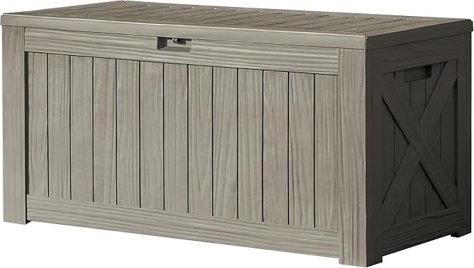 Devoko 120 Gallon Deck Box Resin Outdoor Storage Box Waterproof for Patio, Large Outdoor Storage Bench Lockable for Outside (Brown)-VerdiqueGarden