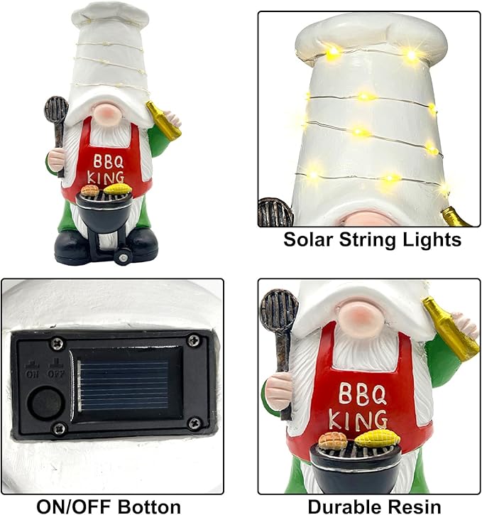 BAYN Garden Gnome Statues Outdoor Decor, Solar Powered Outdoor Gnome with BBQ Grill Decorative Yard Garden Lights Art Gifts with 11 Warm White LEDs-VerdiqueGarden