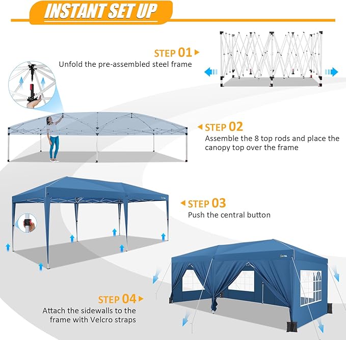 HOTEEL 10x20 Pop up Canopy with 6 Sidewalls, One Push Instant Setup Outdoor Canopy Tent with Reinforce Rod, Weight Bag, for Parties, Events, Blue-VerdiqueGarden