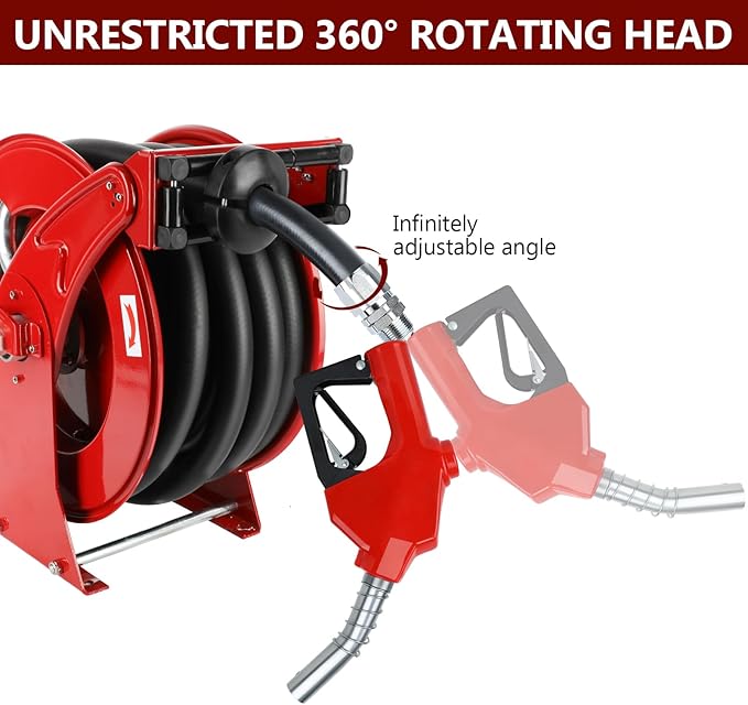 Fuel Hose Reel with Fueling Nozzle, 1" x 33FT Retractable Diesel Hose Reel, 300 PSI Industrial Heavy Duty Auto Swivel Rewind Hose Holder Reels, for Vehicle Tank Truck Trailer Ship-VerdiqueGarden